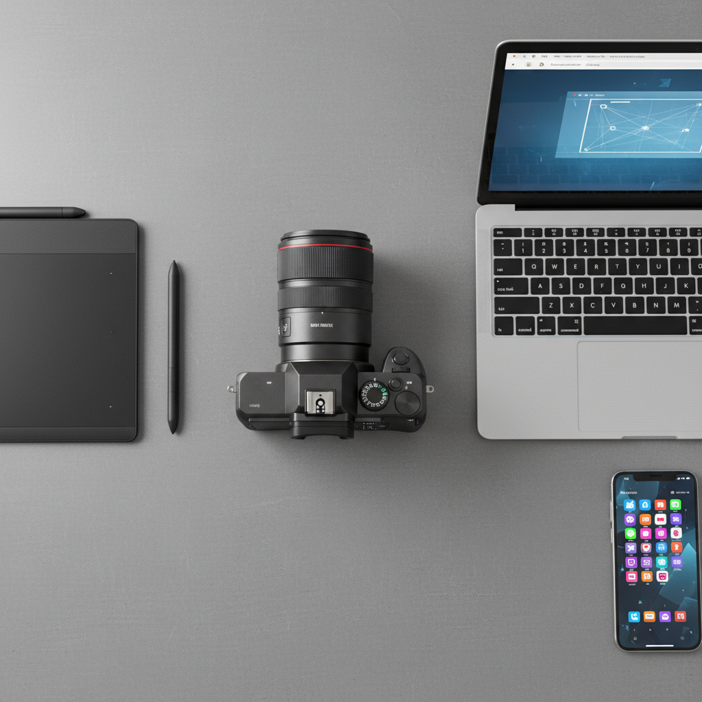 A meticulously arranged flat lay of media agency tools: a high-end camera body with a detailed lens, a slim drawing tablet with stylus, a sleek laptop showing an abstract web wireframe, and a smartphone displaying a colorful social media grid made of icons and shapes, no text. Everything rests on a smooth, medium-gray tabletop with subtle texture. Overhead softbox lighting produces even, shadowless illumination with gentle highlights along edges. Photographic realism, top-down composition with balanced spacing, creating a calm, professional, and contemporary mood that highlights the versatility of services from video to design to digital.