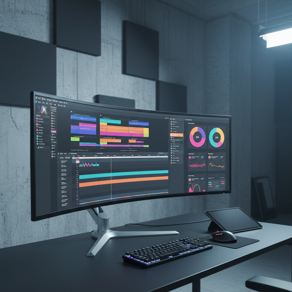 A sleek dual-monitor workstation displaying a dynamic video editing timeline on one screen and a bold social media dashboard on the other, both filled with colorful abstract shapes instead of readable text. The equipment rests on a matte black desk in a minimalist studio with concrete walls and subtle acoustic panels. Soft, cool-toned studio lighting from above creates clean reflections on metallic surfaces and a gentle gradient on the background. Photographic realism, eye-level composition with slight depth of field blur toward the back, conveying a professional, cutting-edge media agency atmosphere that feels modern, focused, and highly organized.