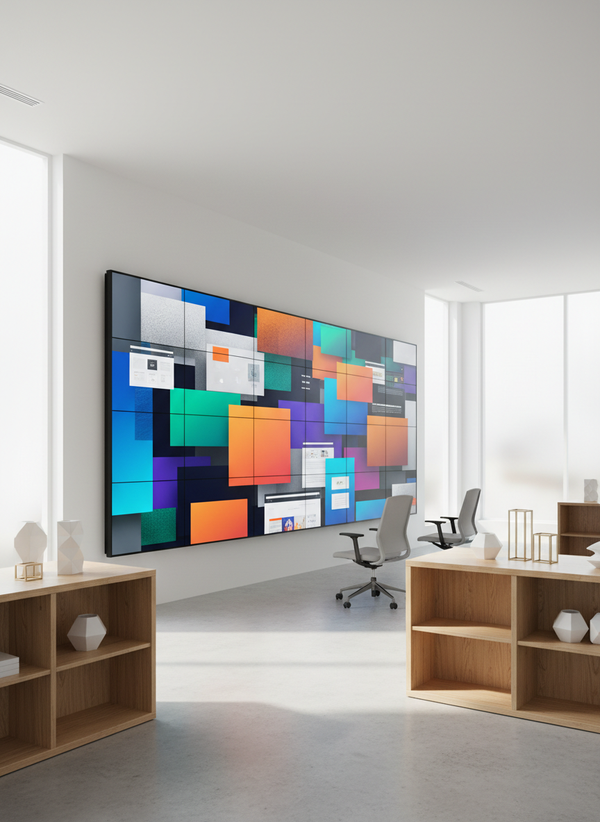 A large wall-mounted ultra-wide display showing a vibrant collage of abstract video production stills, stylized web layouts, graphic design compositions, and social media grids, all represented as shapes and color blocks without text. The screen dominates a bright, open office with white walls, light oak furniture, and a few geometric decor objects. Diffused daylight streams in from tall windows, creating soft, natural shadows. Shot with photographic realism from a three-quarter angle, sharp focus throughout, the mood is innovative and inspiring, suggesting a full-service media agency that unifies moving image, design, and digital strategy.