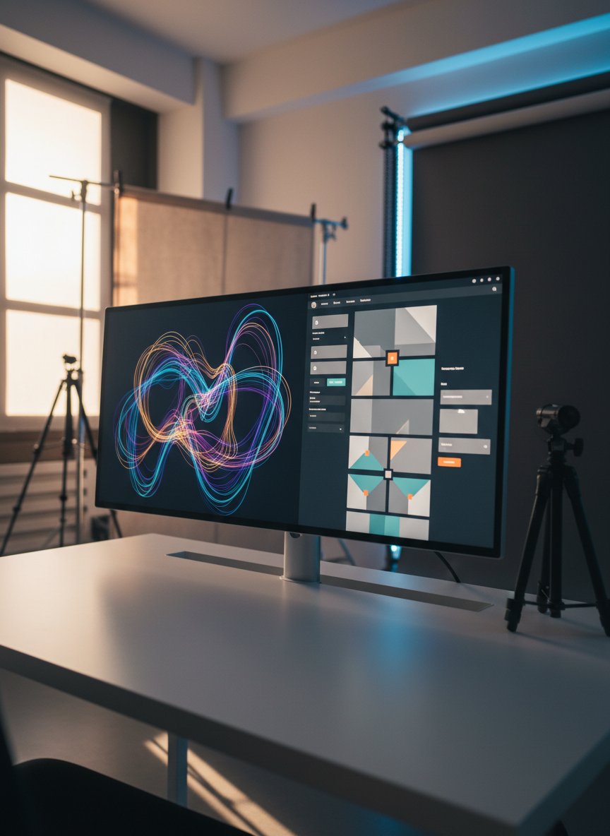A cinematic home-page style hero scene of a large, frameless monitor on a clean white desk, showing a looping abstract video of flowing light trails beside a panel of geometric graphic designs and a mock website layout, all without readable text. In the background, a shallow-focus glimpse of a flexible studio space with light stands, a tripod, and neutral backdrops. Soft afternoon light mixes with subtle LED strips along the wall, adding a cool accent. Photographic realism, slightly low angle for a sense of scale, with a dynamic yet orderly composition that communicates creativity, precision, and modern media expertise.