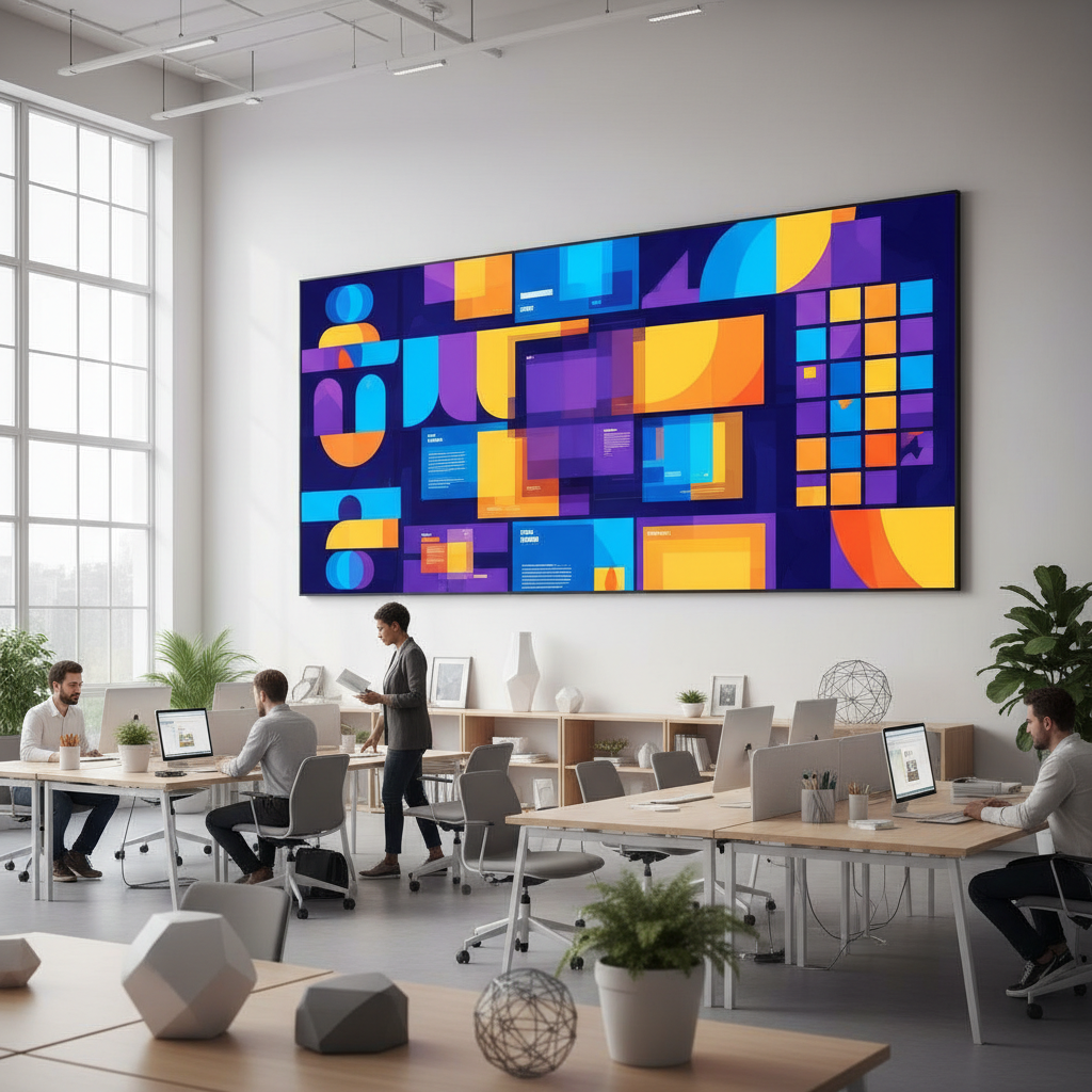 A large wall-mounted ultra-wide display showing a vibrant collage of abstract video production stills, stylized web layouts, graphic design compositions, and social media grids, all represented as shapes and color blocks without text. The screen dominates a bright, open office with white walls, light oak furniture, and a few geometric decor objects. Diffused daylight streams in from tall windows, creating soft, natural shadows. Shot with photographic realism from a three-quarter angle, sharp focus throughout, the mood is innovative and inspiring, suggesting a full-service media agency that unifies moving image, design, and digital strategy.