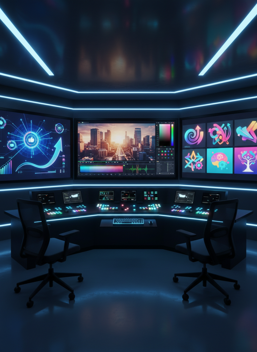 A modern control room scene with multiple wall-mounted screens: one showing a color-graded video sequence with waveform scopes, another an abstract analytics dashboard for social media performance, and a third a grid of stylized campaign visuals. No text, only icons and shapes. In front, a sleek console with illuminated controls and a compact keyboard. Cool, focused LED lighting creates a high-tech ambiance with subtle reflections on glossy surfaces. Photographic realism, slightly elevated frontal angle, deep focus, portraying a data-driven, detail-oriented media agency optimized for both creativity and performance.