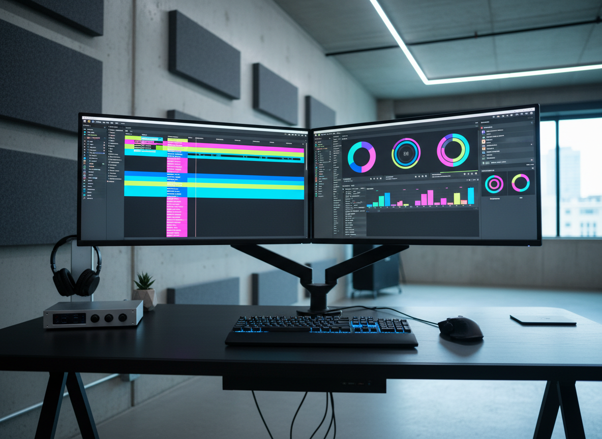 A sleek dual-monitor workstation displaying a dynamic video editing timeline on one screen and a bold social media dashboard on the other, both filled with colorful abstract shapes instead of readable text. The equipment rests on a matte black desk in a minimalist studio with concrete walls and subtle acoustic panels. Soft, cool-toned studio lighting from above creates clean reflections on metallic surfaces and a gentle gradient on the background. Photographic realism, eye-level composition with slight depth of field blur toward the back, conveying a professional, cutting-edge media agency atmosphere that feels modern, focused, and highly organized.