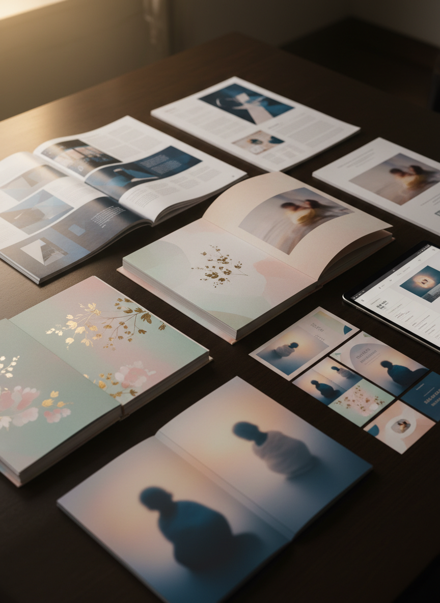 A sophisticated presentation of printed media work samples spread on a dark wooden table: glossy magazine-style pages featuring abstract layouts for corporate reports, elegant wedding albums suggested by soft pastel color palettes and delicate patterns, and bold newborn and portrait photography represented with blurred silhouettes and gentle gradients instead of faces. A tablet nearby shows a responsive web design mockup and social media campaign tiles. Warm directional lighting from the left creates rich highlights on the paper and gentle falloff into shadow. Photographic realism, three-quarter top view, evoking a refined, premium agency portfolio review.