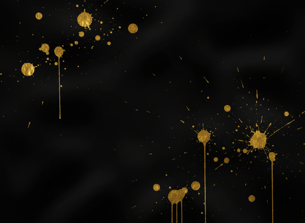 Abstract background, pure black base with very subtle dark shadow variations and texture in very dark charcoal and near-black tones creating gentle depth through shadows only. On top, scattered golden paint splatter drops and splashes — metallic gold ink blobs with drips, same style as the original image. The gold splatters are the only color elements, glowing warmly against the deep black. No teal, no blue, no cyan, no green. Just black, dark shadows, and gold paint drops.