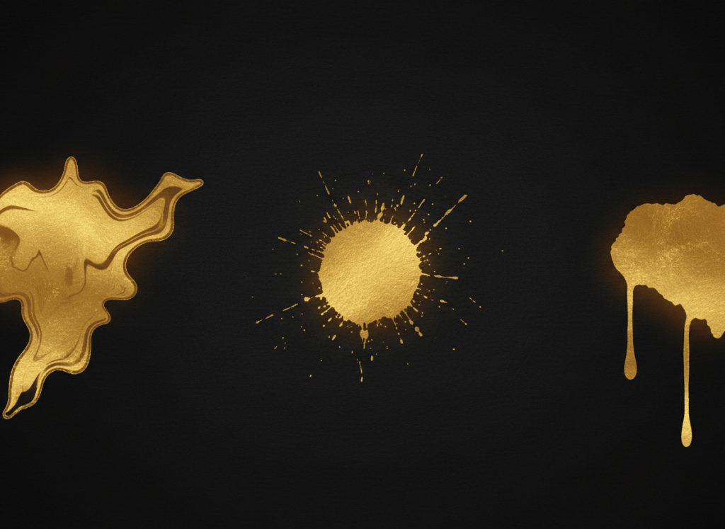 A wide horizontal banner background, landscape format, deep black base with a very subtle dark surface texture (like brushed metal or fine stone). A few large, elegant gold ink splashes or paint blobs scattered evenly across the full width — left, center, and right — so they are visible in a thin horizontal strip. The gold is warm, rich, and luminous. The overall mood is luxurious, minimal, and sophisticated. No text, no people.