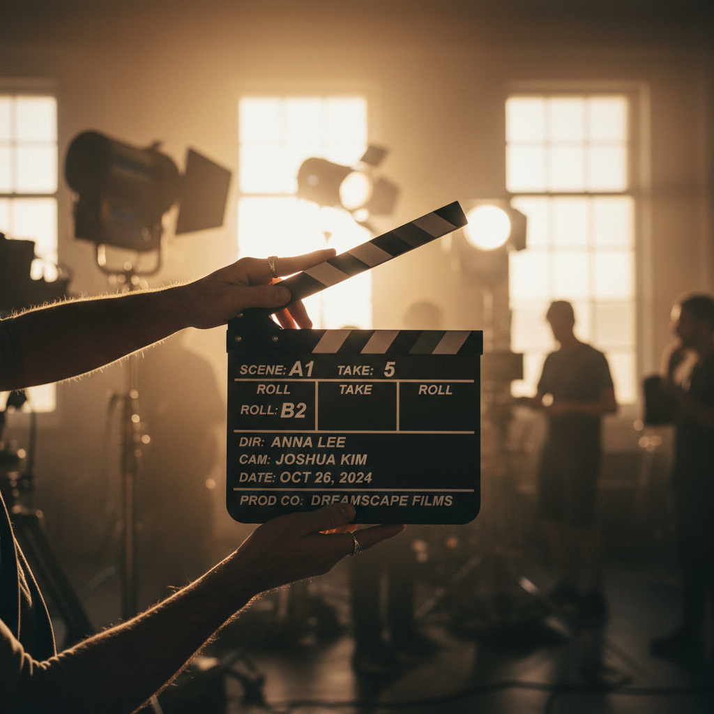Close-up of hands of a filmmaker holding a clapperboard on a professional film set, golden light, cinematic and warm atmosphere
