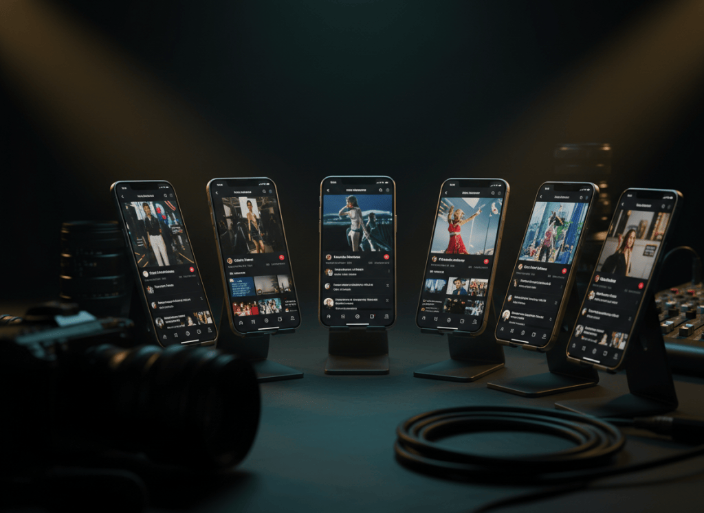Professional dark studio setup showing multiple smartphone screens displaying short video reels on TikTok and Instagram interfaces, dramatic cinematic lighting, dark turquoise and gold color tones, high-end media agency aesthetic, sharp focus on screens, professional photography
