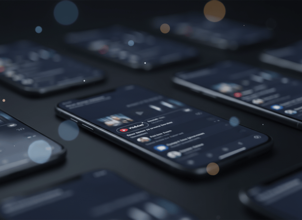 Dark cinematic background for a professional social media management agency website. Abstract dark scene with blurred glowing smartphone screens showing vertical video reels, soft bokeh light effects in deep navy and charcoal tones, subtle gold/amber light accents. Ultra wide, atmospheric, blurred depth of field, no text, no people, photorealistic, 16:9 composition. Professional, sleek, premium agency feel.