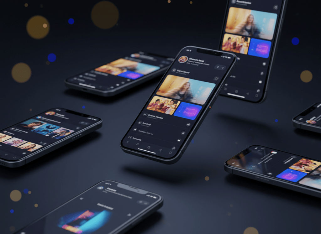 A dark, cinematic and professional mockup showing TikTok and Instagram Reels interfaces on sleek smartphones. Multiple phones displayed at slight angles, screens glowing with vertical video content. Dark background with subtle bokeh lighting in deep navy and gold tones. Ultra-modern, premium agency aesthetic. No text, no logos, just phone screens with blurred colorful reel content visible. High-end editorial photography style.