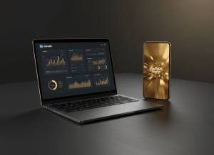 A dark professional mockup showing LinkedIn and YouTube Shorts content on modern devices. A laptop displaying LinkedIn analytics dashboard and a smartphone showing vertical YouTube Shorts video side by side. Dark charcoal and gold color palette, dramatic studio lighting, premium corporate aesthetic. Clean, sophisticated composition. No visible text or real logos, just glowing screens with blurred professional content. High-end commercial photography style.